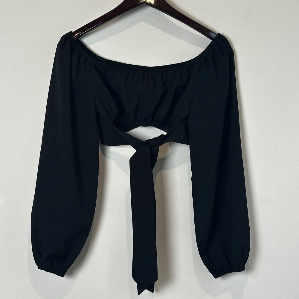 SHEIN Black Off Shoulder Tie Back Crop Top Sz S Bishop Sleeve Coquette Y2K Date